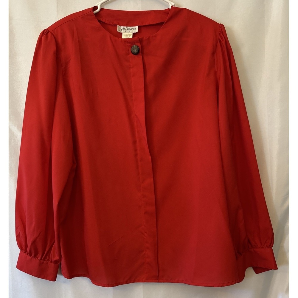 Vintage Soft Elegance Blouse‎ Red Hidden Button Lightweight Long Sleeve Size 14